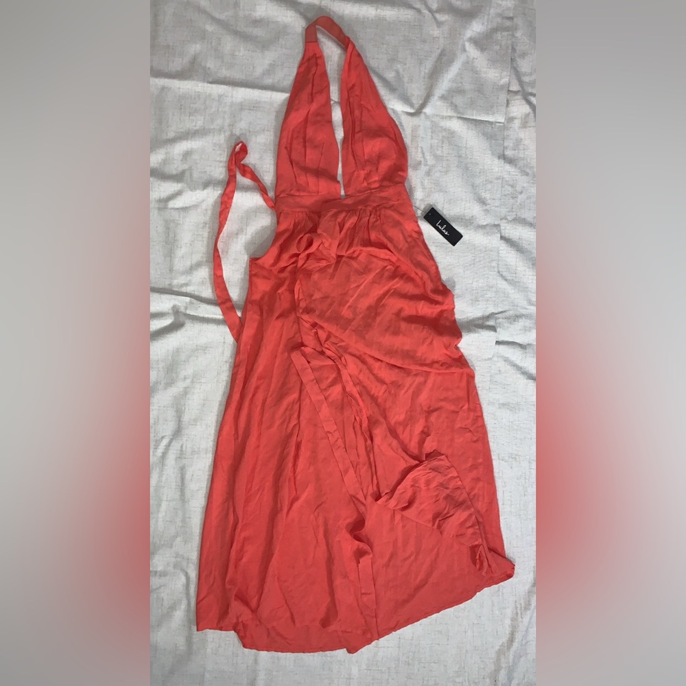 LuLu’s Salmon/ Coral Halter Backless Wrap Summer Dress (Size S) with tags